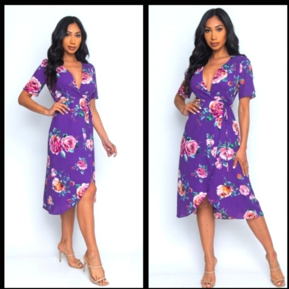 Purple plum rose pink floral wrap dress wedding guest dress